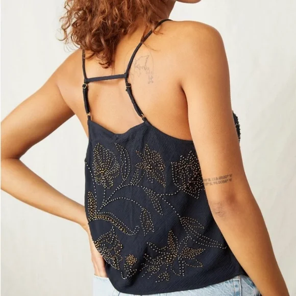 Free People Waiting For You Embellishing Beaded Tan Cami Cowl Neck Adjustable L - Picture 15 of 16